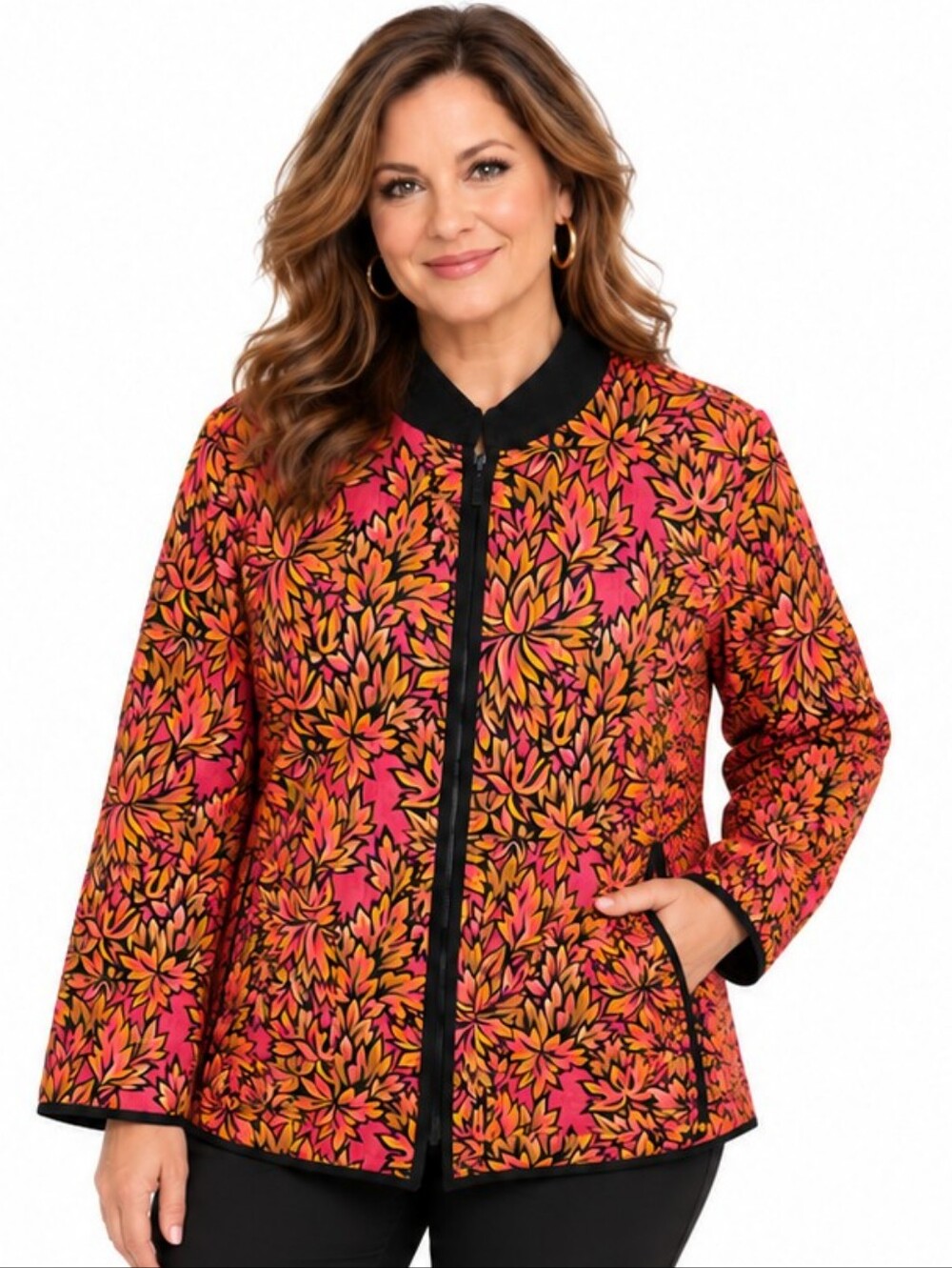 Bob Mackie Wearable Art Autumn Leaf Quilted Jacket, Black Trim Sz Large